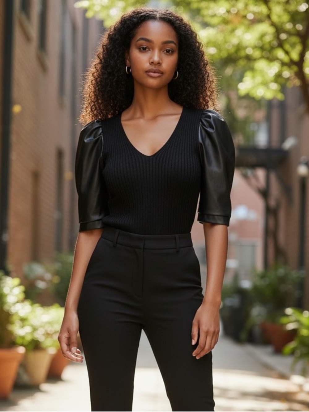 Brand New Never Worn Express Black Sweater With Vegan Leather Sleeves